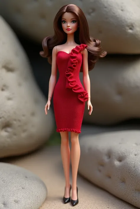  Create a beautiful Barbie doll ,  brunette wearing a red dress in realistic knitted fabric, tight with diagonal ruffles ,  and a black shoe in a setting of stones 