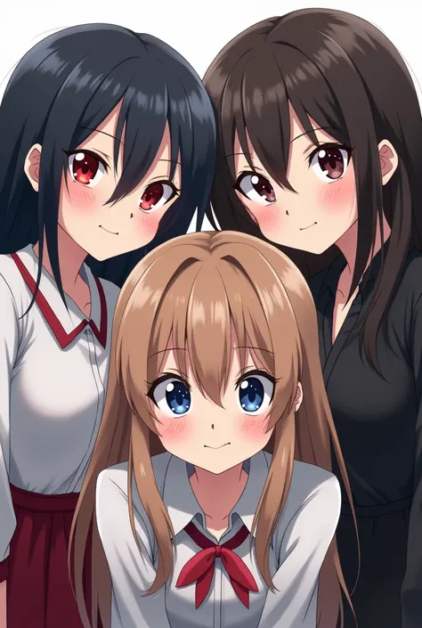  3 girl Anime bullies smilimg 2 with black hair and red eyes and 1 with light brown hair and blue eyes