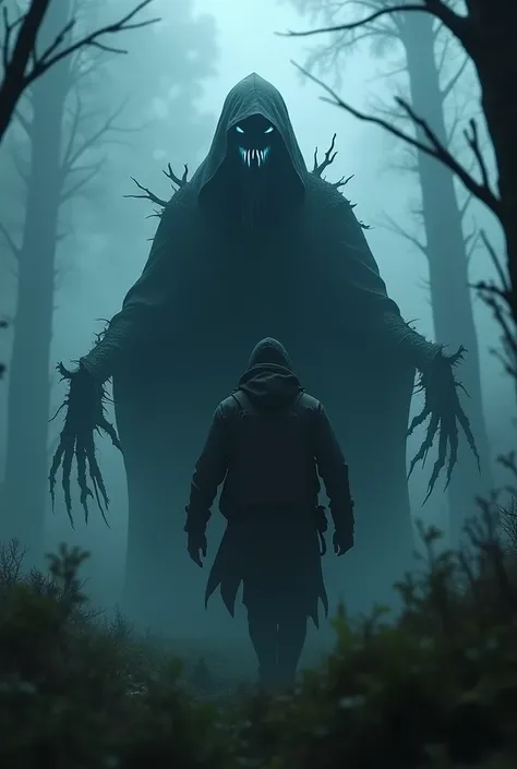 close up of a cloaked figure with glowing blue eyes, sharp metal teeth, and branch-like fingers behind a hunter in the foggy morning forest, highest definition, highest detail, highest quality 