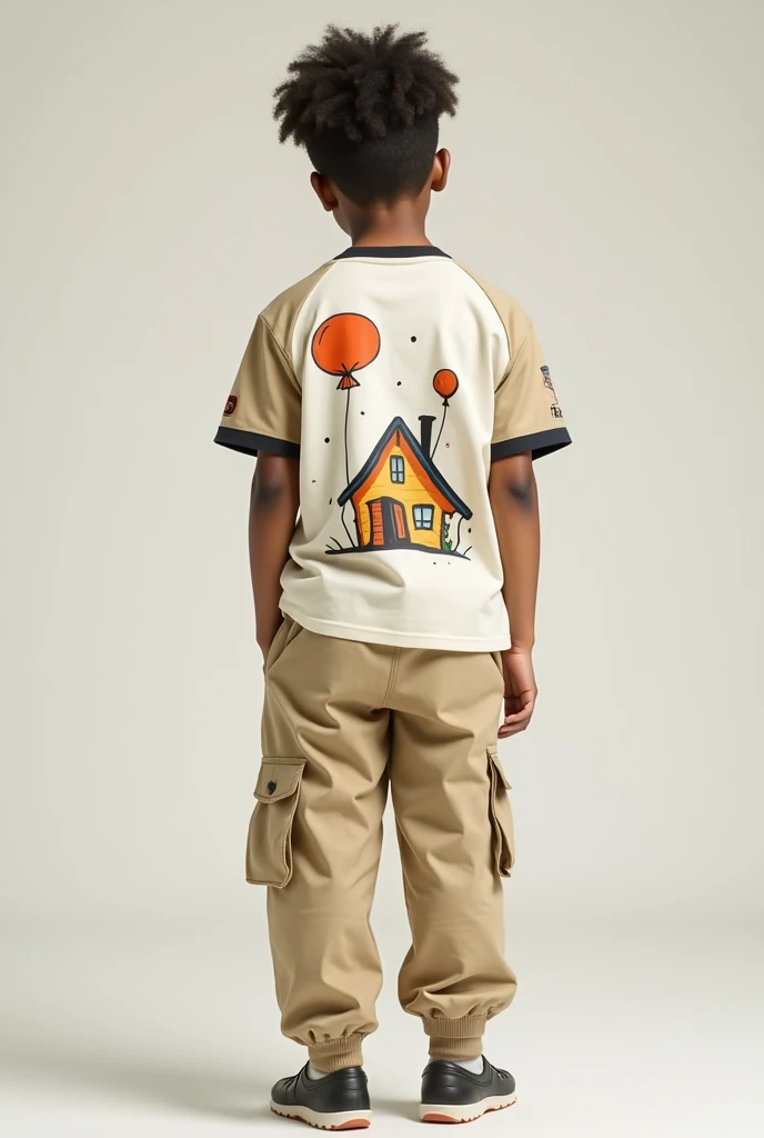  a uniform with light beige cargo pants ,  off-white short sleeve t-shirt with an animated image of a house with balloons on the back of the t-shirt, and a beige baseball jacket 