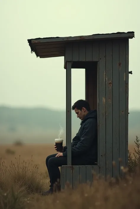 A rustic booth in the field, a black coffee and a lonely male figure reflecting with s playing in the background 