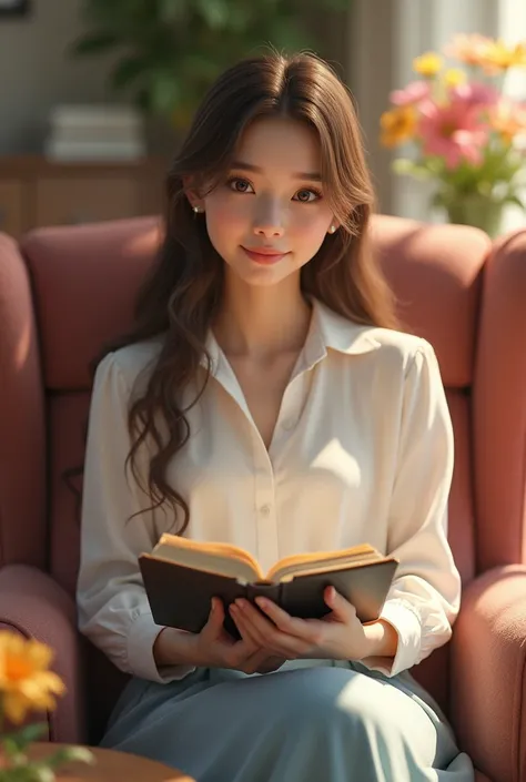  A 3D style she has a beautiful young face with soft features ,smooth and long wicks ,  brown with a natural shine she wears a white linen blouse with a high collar and light blue skirt fabric that has a light fit she sits in a living room in a very comfor...