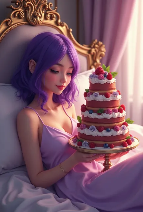 Purple hair woman laying down on a bed eating a large cake 