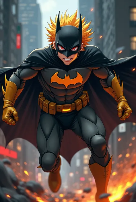 Anime caracter katsuki bakugo wearing batman costume
