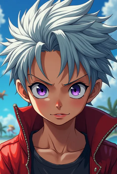  A boy with silver hair ,  purple eyes and tanned skin (one piece drawing )