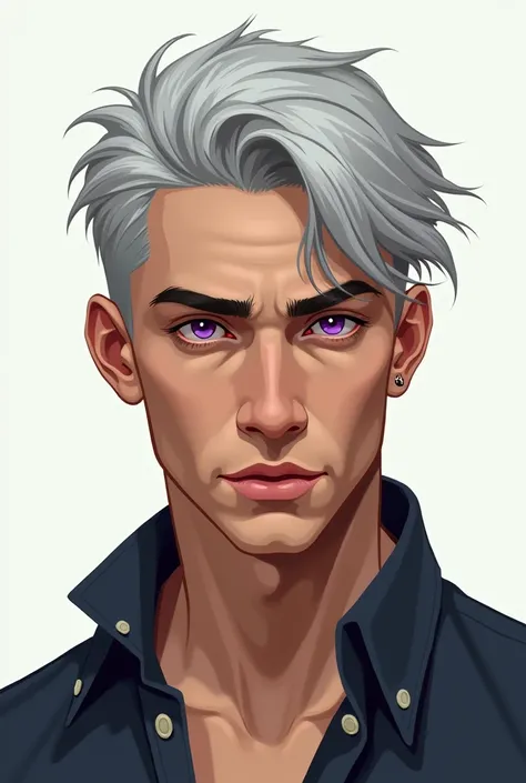 A man with semi-short silver hair,  purple eyes and tanned skin, One piece drawing style 