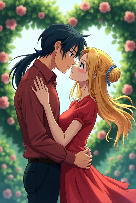 Anime couple kissing face to face on the lips  ,  he has blue eyes on long black hair tied in a low ponytail formal red shirt formal black pants ,  she has blue eyes long blonde hair with two chongos red dress short sleeve casual and elegant,  she places h...