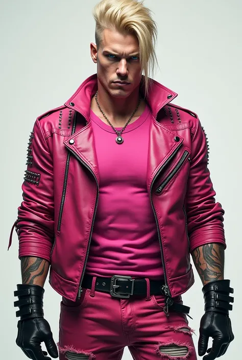 - He is tall, slim and muscular, with blonde hair that falls into his eyes
- He has blue eyes that can appear cold and calculating
- His outfit consists of a studded leather jacket in pink with matching ripped jeans, leather gloves, a tight pink t-shirt, a...