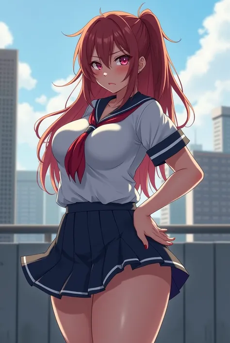 A sexy busty anime girl with a sexy schoolgirl uniform with short skirt, shes mad, 8K photo quality, she has big thigh and big breast, really huge butt, on a rooftop