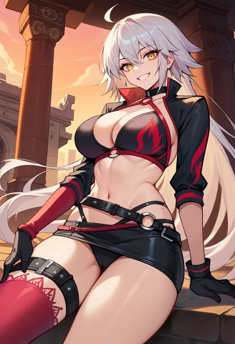   score_9,   score_8_up,   score_7_up,  looking at the camera, sit,  Cowboy Shots , long hair, ahoge, grey hair, yellow eyes, choker, o-ring, black bikini, flame print, cropped jacket, gloves, Thigh Strap, belt, Single Thighhigh,  one woman, smile, ((( big...