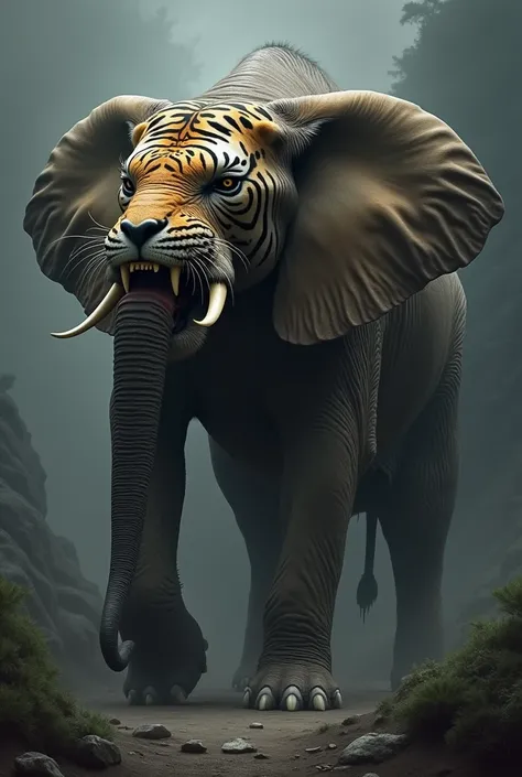 Elephant-Tiger Fusion: A massive creature with the body of an elephant, adorned with tiger stripes, and a tiger’s face with sharp teeth. The ears are large the mix was stand wiht dark theme 