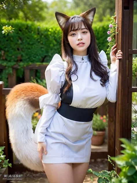 ((Best Quality, 8k)), ((masterpiece)), ( highest resolution ),  perfect face, Woman with fox ears, Woman with a tail, Beautiful woman, She is a housekeeper, It was taken in the garden, Only one tail, She has thick thighs, Her big fox tail, I can see her fo...