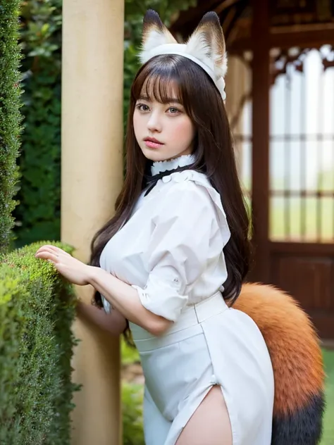 ((Best Quality, 8k)), ((masterpiece)), ( highest resolution ),  perfect face, Woman with fox ears, Woman with a tail, Beautiful woman, She is a housekeeper, It was taken in the garden, Only one tail, She has thick thighs, Her big fox tail, I can see her fo...