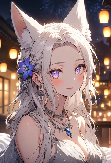 ((Portrait)) ((POV: Close)) ((Flower pattern ornament)) ((Motherly expression)) ((Alone)) Create an anime-style image of Aiko, an elegant fox girl with a graceful aura. She has long, white hair styled in a side braid, soft, fluffy fox ears, and light purpl...