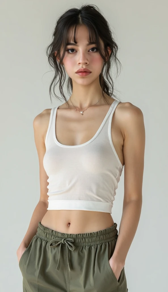 thin navel sweatshirt white complexion small breasts cargo pants hip wing real photo hyperrealistic 4k defined soft face