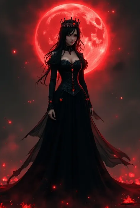 Sarada Uchiha,  25 years old ,  medieval gothic dress and warrior in black , a black crown and red diamonds ,  an ounce of the moon surrounded by fire behind it,  the full moon in red and the pentagram .