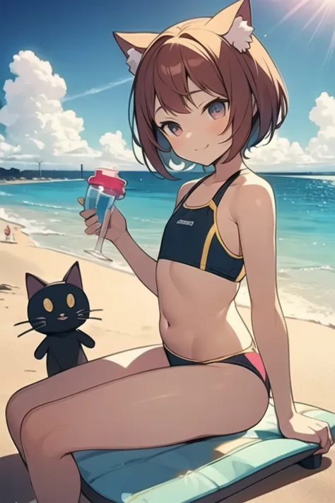 slim  with cat ears ， young girl， short stature ， toddler figure ， flat chest，red gold short hair ,  wear a swimsuit with new pa...