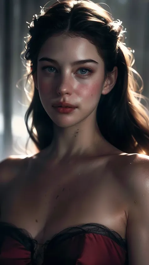 (((ultra realistic))) Photo, masterpiece, top quality, (pale skin), (Ultra detailed face and eyes:1.2), Bright eyes, 1 girl, red bra , gloomy atmosphere, Dark background, (Eye makeup, mascara) , ((Dark wavy hair)) , ((Stylish hairstyle)) , (Natural breasts...