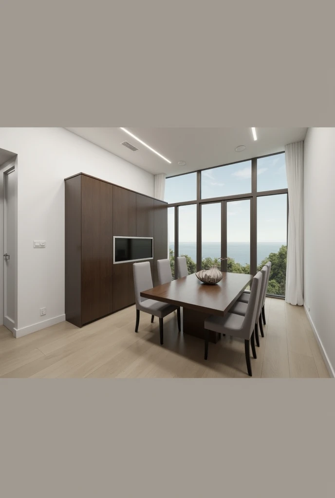 Generate a modern design for a dining room with a window in the background 