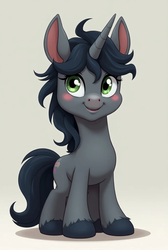 My little pony OC, unicorn, stallion,  smug, cute, smug, , full body, femboy, dark grey fur, black mane, green eyes, fluffy ears, no cutie mark, thick hair, 