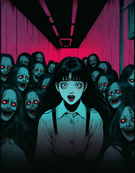 illust、art、from 80s horror movie, directed by junji ito、darkness、alley、nightmare、anxiety、high detail, realsitic shadow、analog st...