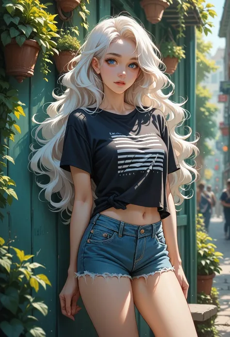 Beautiful woman with long straight wavy white hair and blue eyes, wearing a long black t-shirt with vertical white stripes and denim shorts 