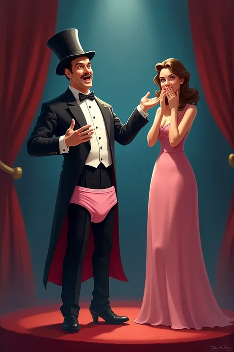 Create an image of a magician who took pink panties from his top hat and his wife is embarrassed 