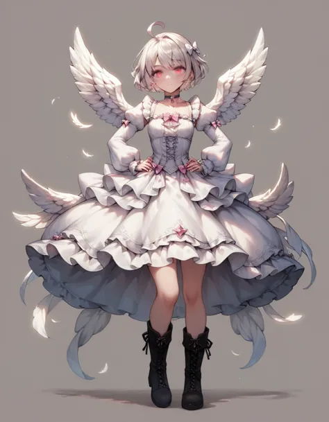 masterpiece, best quality, 1girl, fitoria, ahoge, white hair, pink eyes, short hair, angel wings, feathered wings, bow, choker, ...