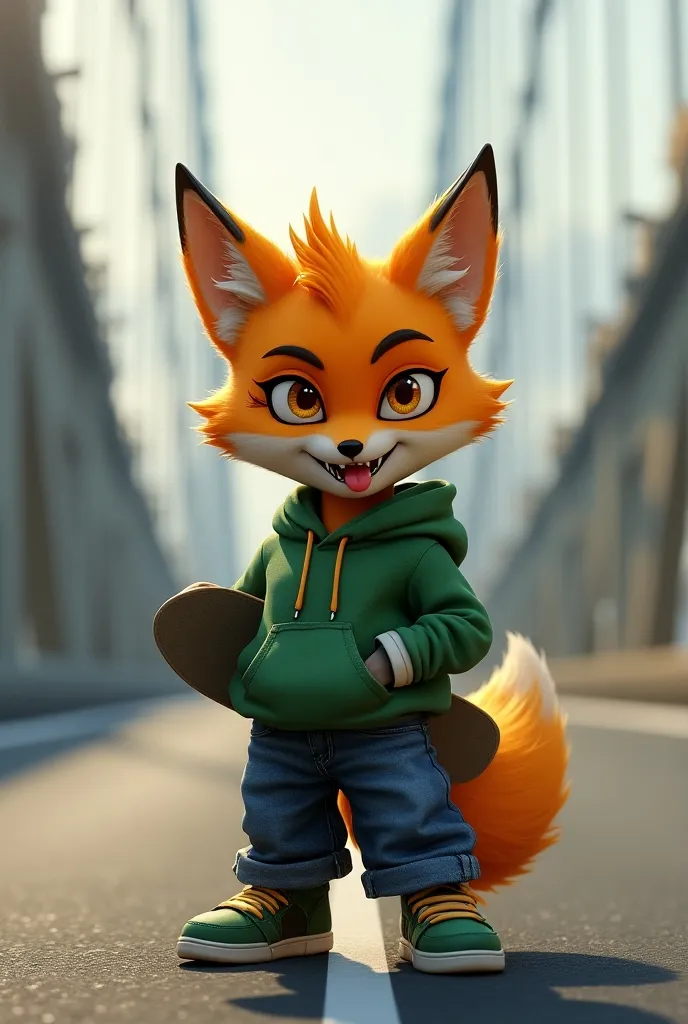 Teenage fox, human hybrid, boy, short, orange fur, Fang, Pointy Ears, Super Detailed, Animal Ears, Fox Ears, Fangs, Clenched Teeth, Light Smile, Smirk, Glint, Fang Out, Ringed Eyes, Long Tongue, Amber Eyes, Goggles On Head, Scar Across Eye, Lens Flare, Hyperdetailed, Unreal Engine, baggy jeans, basketball shoes, green hoodie, holding skateboard, suspension bridge background, middle of road, tongue out,