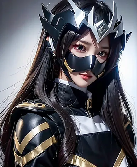 A woman toxic rangers, toxic ranger suit, as she power rangers toxic , full body , helmet mask, long hair, high detailed, realistic, gloves, ultra realistic, ((full face helmet)), black shield sunglasses on eyes, smart black sunglasses 