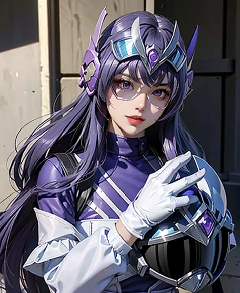 A woman purple rangers, purple ranger suit, as she power rangers toxic , full body , helmet mask, long hair, high detailed, realistic, gloves, ultra realistic, ((full face helmet)), black shield sunglasses on eyes, smart black sunglasses 