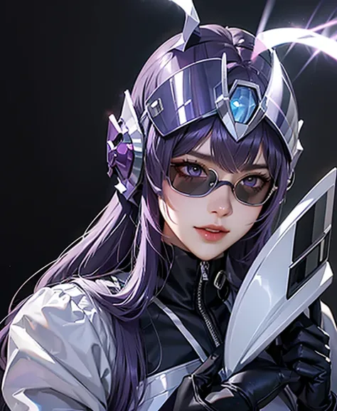 A woman purple rangers, purple ranger suit, as she power rangers toxic , full body , helmet mask, long hair, high detailed, realistic, gloves, ultra realistic, ((full face helmet)), black shield sunglasses on eyes, smart black sunglasses 