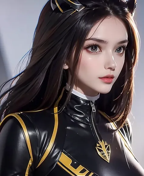 A woman toxic rangers, toxic ranger suit, as she power rangers toxic , full body , helmet mask, long hair, high detailed, realistic, gloves, ultra realistic, ((full face helmet)), black shield sunglasses on eyes, smart black sunglasses 