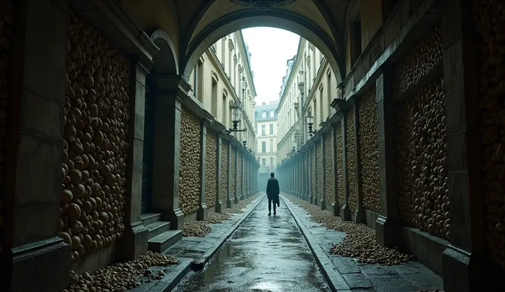 "Wide shot of Parisian catacombs with endless walls of bones, contrasted with an overlay of Paris streets above, blending past and present to reflect the city’s layered history —ar 16:9"