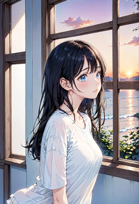 evening、Sunset、living、thin、cute、One Woman、((thin white t-shirt:1.3、 white panties )))、Long Black Hair, Medium Breasts、((ennui))、First Person View、 anatomically correct、Look at my face、Embarrassing、alone, Standing by the window,blue eyes,beautiful eyes,((fr...