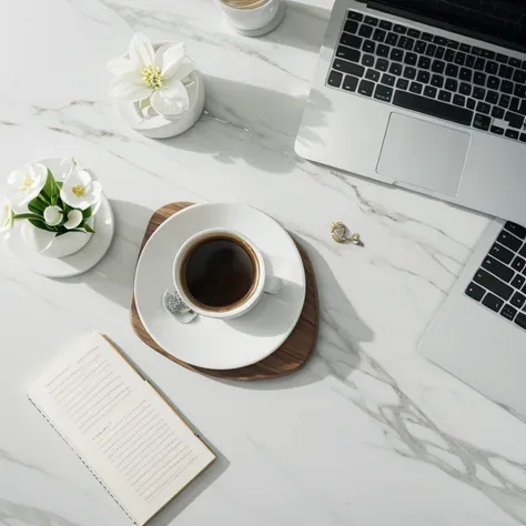 it's on a white marble desk、closed laptop、 coffee cup 、white flower、tasteful arrangement 、 leave blank 、view from directly above