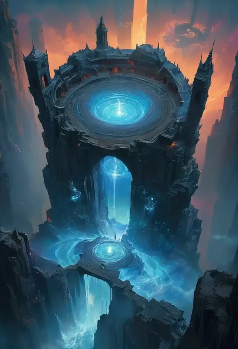 a portal to another dimension, glowing magical portal, swirling vortex of energy, surreal otherworldly landscape, ethereal floating islands, glowing blue energy field, towering crystalline structures, dramatic lighting, dynamic camera angle, cinematic comp...