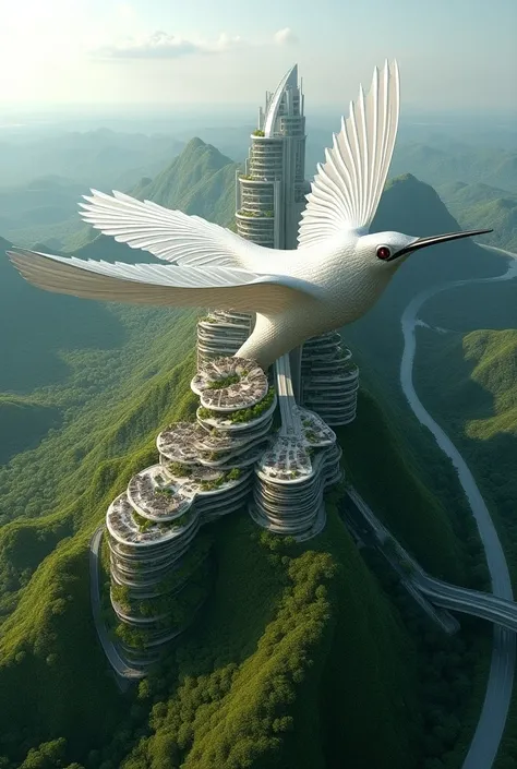 Design an architectural image where the topography of a city is shaped like a hummingbird with open wings mixing houses and land 