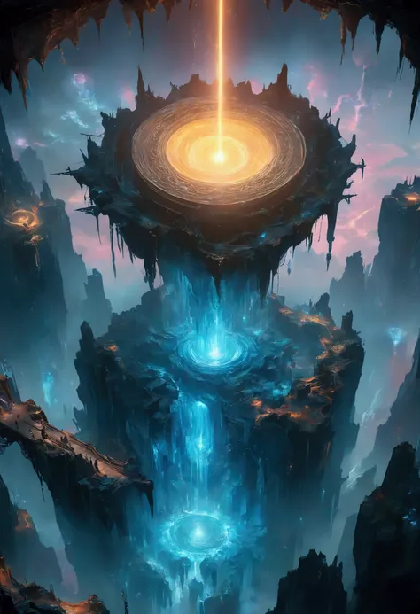 a portal to another dimension, glowing magical portal, swirling vortex of energy, surreal otherworldly landscape, ethereal floating islands, glowing blue energy field, towering crystalline structures, dramatic lighting, dynamic camera angle, cinematic comp...