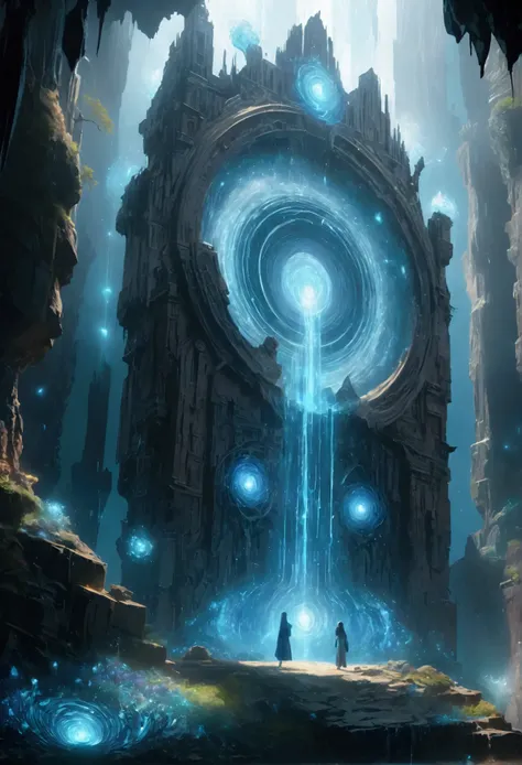 a portal to another dimension, glowing magical portal, swirling vortex of energy, surreal otherworldly landscape, ethereal floating islands, glowing blue energy field, towering crystalline structures, dramatic lighting, dynamic camera angle, cinematic comp...