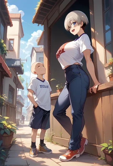 masterpiece,   kampala,Best Quality,8k
(Uzaki Hana,   smaller,Big Breasts)   raise smiling shirt 　　Her Back　 side view　Full Body View　　Bald Man 　　removebra 脱衣　Blazle
