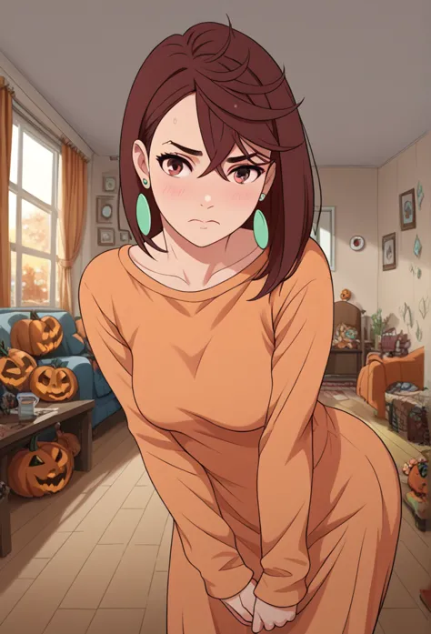 ayase_wz, medium hair, brown hair, brown eyes, medium breasts, posing embarrassed, halloween costume, green earrings, red face, medium breasts, detailed background, indoor, living room, house living room, halloween theme, 