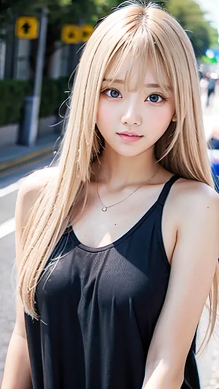 Sexy Big 、 sexy and cute looks and a cute 18 year old girl, beautiful and sexy face、A strong wind blows my hair in front of my face、length,  Metallic Pink Blonde Straight Hair、beautiful,   is hiding her cute and sexy eyes behind long bangs 。