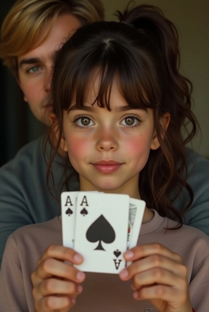 Generate an image with a twelve year old girl with thick, dark brown, wavy hair put into a ponytail, with fair skin, and dark brown eyes, holding an ace card between two of her fingers, and a  man with short, combed down blonde hair swooped to the left, an...