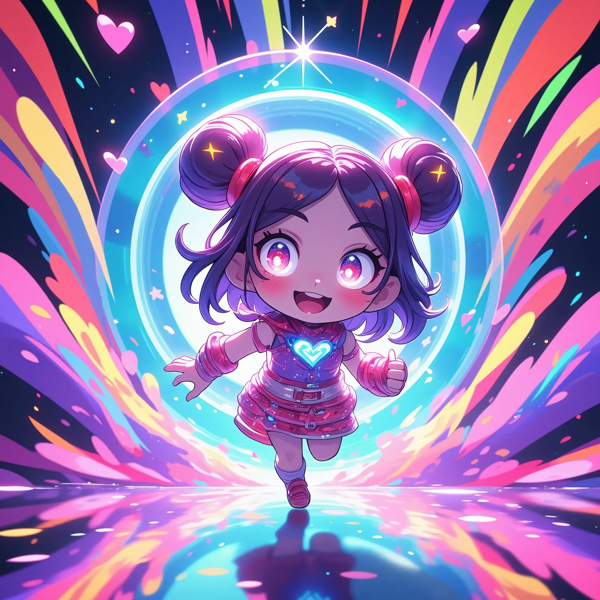 A cute chibi futuristic costume girl is rushing toward the vivid space-like circle portal at the far end.cosmic eyes,cosmic haircolor, super vivid color, heart notes, star notes, cute,super pop, sparkle,dynamic, dynamic camera works, dynamic action,anime style,,,cosmic color, colorful concentration lines