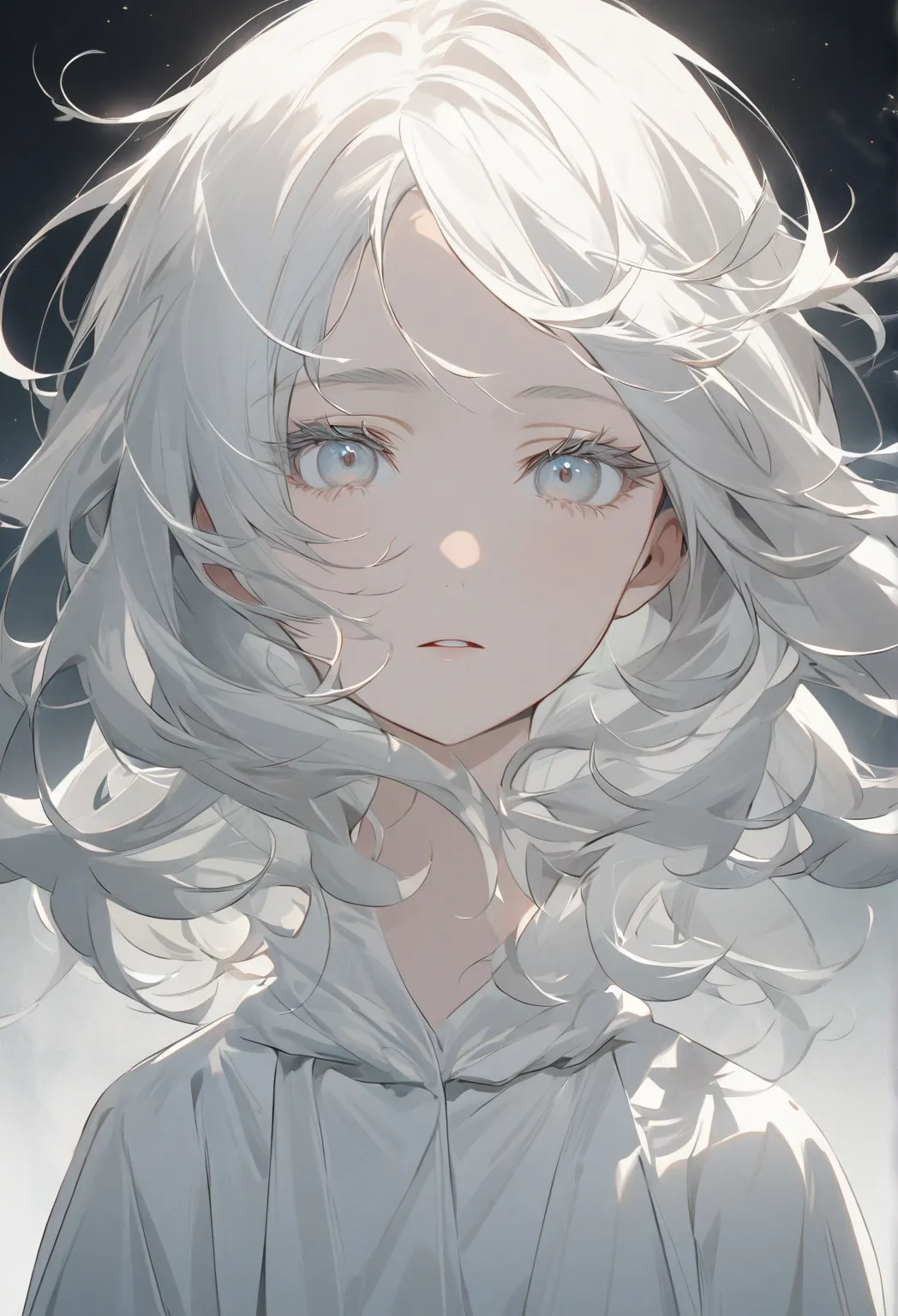 a serene, anime-style character with a soft and ethereal appearance. the character has short, slightly tousled, silver-white hai...