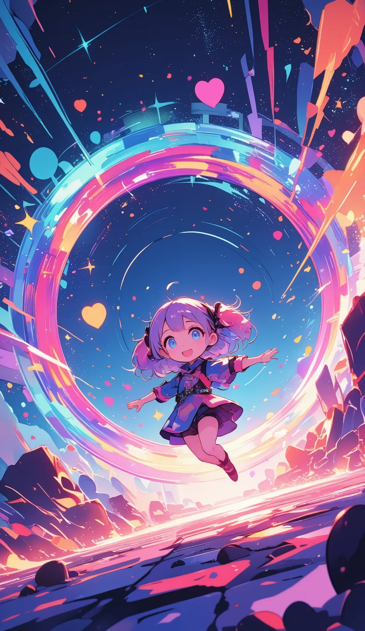 A cute chibi futuristic costume girl is jumping into the vivid space-like circle portal at the far end. cosmic eyes,cosmic hair color, super vivid color, many heart notes, many star notes, super pop,many vivid sparkles, dynamic, dynamic camera work, dynami...