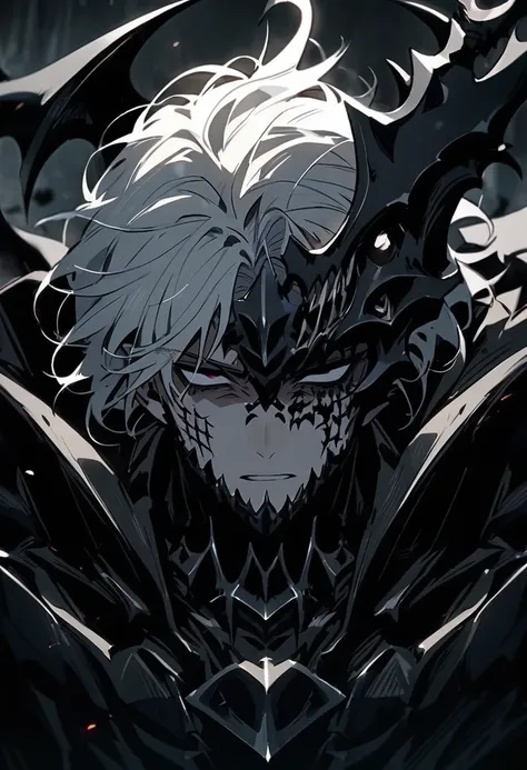 handsome anime male with white hair, fully black demon eyes, facial tattoos, death knight armor, reaper, demon lord, intimidating, close up shot, emotionless and cold expression