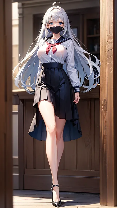 ((masterpiece、Best Quality、))、beautiful detailed eyes 、ultra-detailed、 , Gray Hair、Ahoge、 long hair , blue eyes、big breasts、blurry background、bashful、pinup, wood school、black sailor uniform, black long skirt, black mouth mask、walking,high heel、