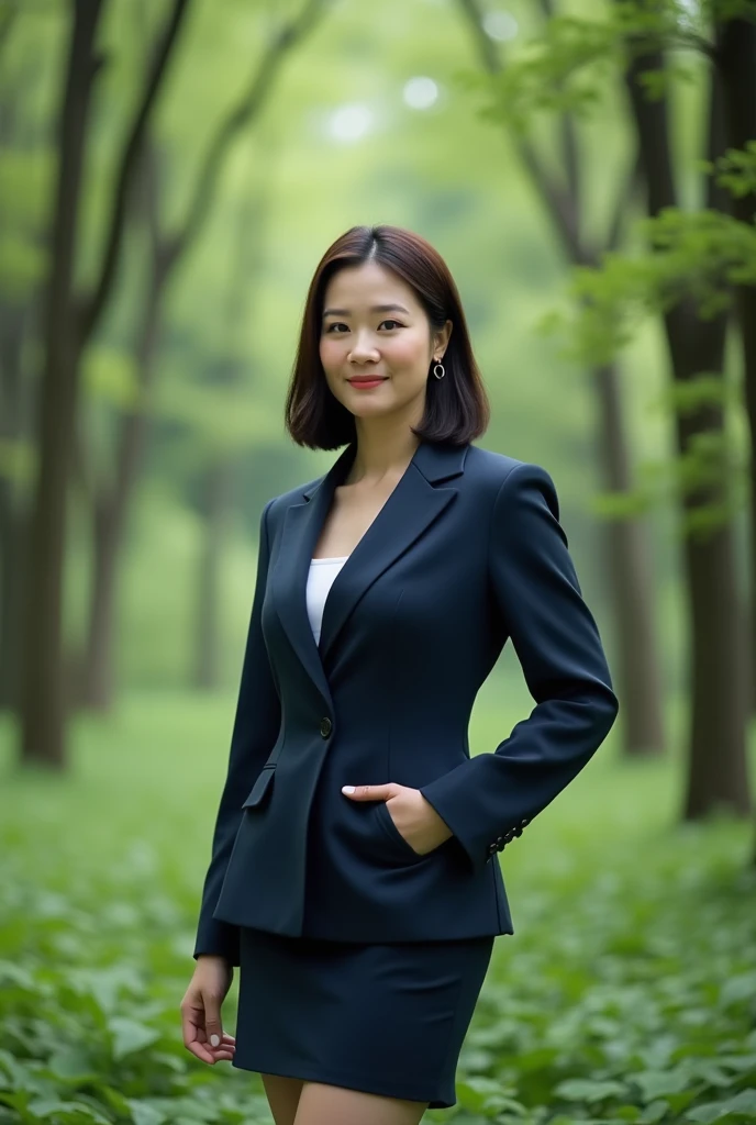  Portrait A Korean president in her early 40s is in the middle of a forest with lush green trees . With a more mature face . She wore a navy blue formal suit complete with a tight blazer with one button on the front .  that forms the silhouette of her body...